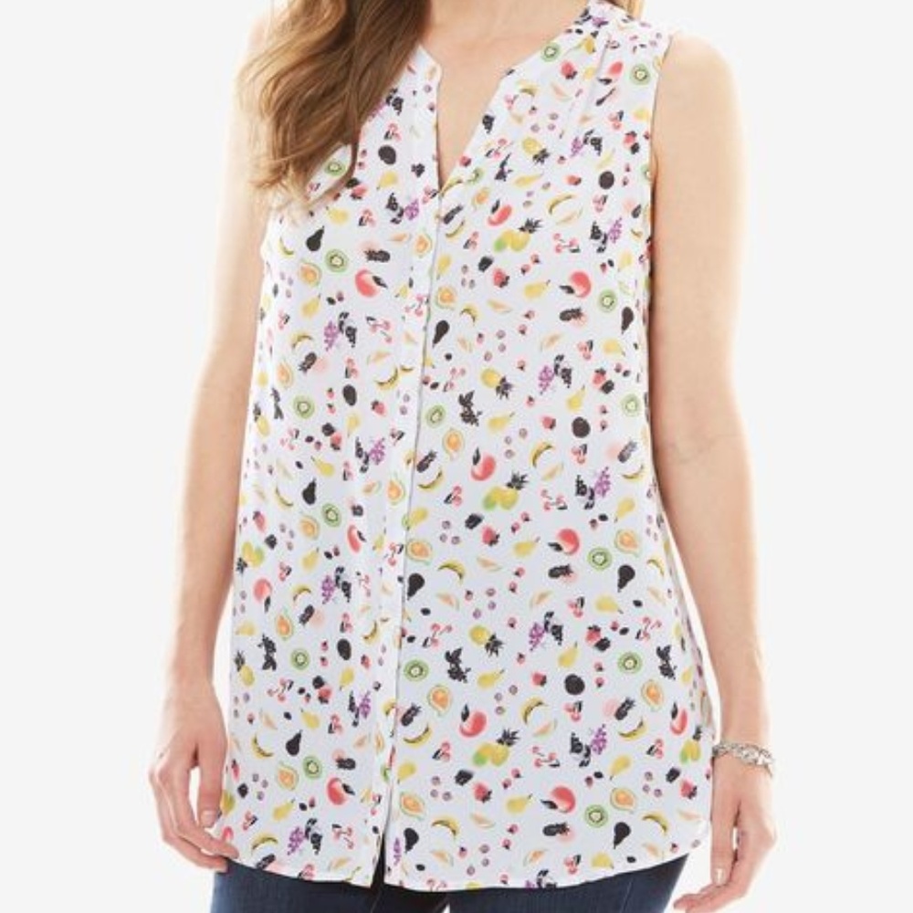 NWT WomanWithin White Fruit Pintuck Georgette Tank